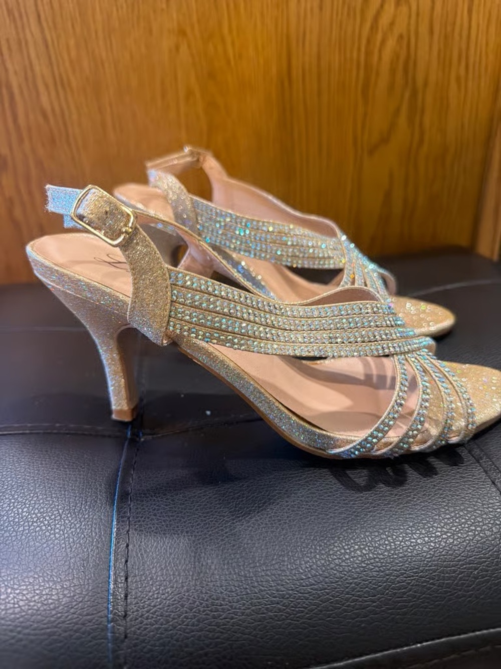 Time and Tru Gold Rhinestone Slingback Heels